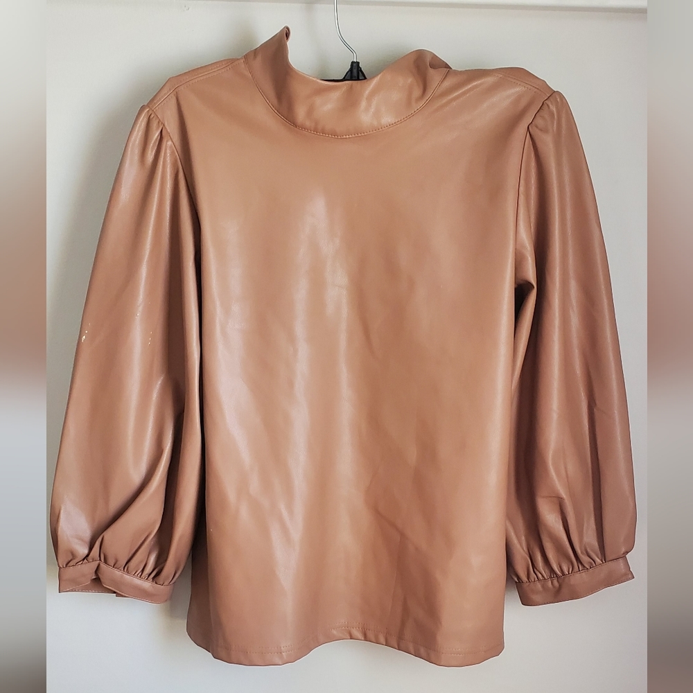 Calvin Klein Faux Leather Puff Sleeve Blouse in Camel